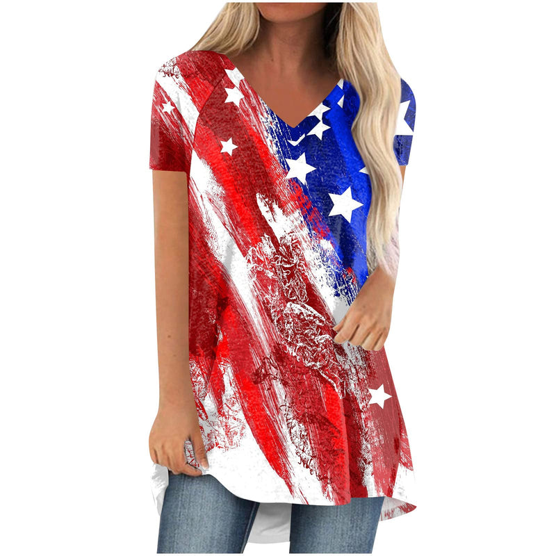 Patriotic Shirts for Women Oversized 4th of July Outfits Plus Size Womens Casual Loose Fit Short Sleeve American Flag Shirt V Neck T-Shirts Summer Tops Fourth of July Tees (L RedSmall)