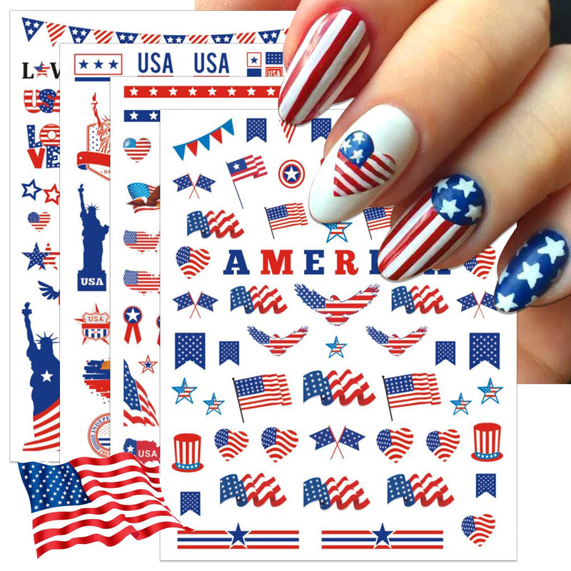 IDDFEVE 12 Sheets 4th of July Nail Stickers USA Independence Day Patriotic Nail Decals 3D Design Self-Adhesive Flag Star Nail Art
